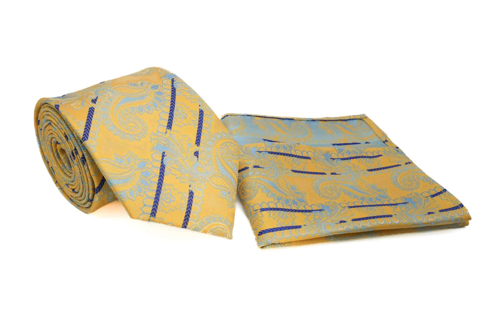Gelb-Blaues Paisley-Set für Herren: Krawatte & Einstecktuch. Stilvolle Ergänzung für jeden Anlass!